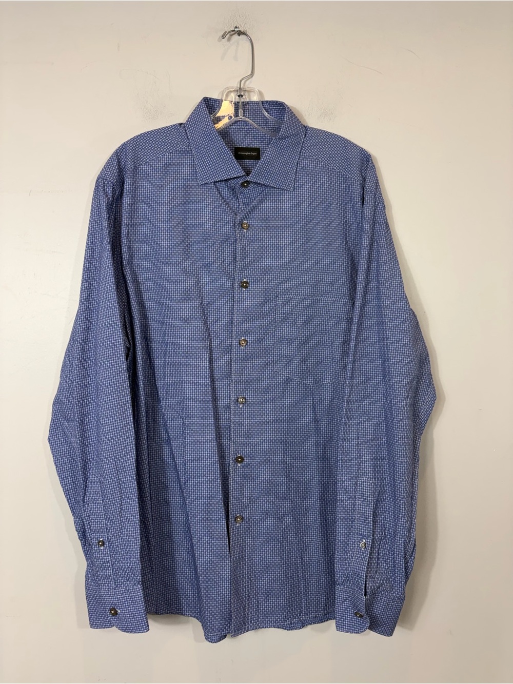 Ermenegildo Zegna Blue Micro Check 100% Cotton Button Down Shirt XL Luxury Dress